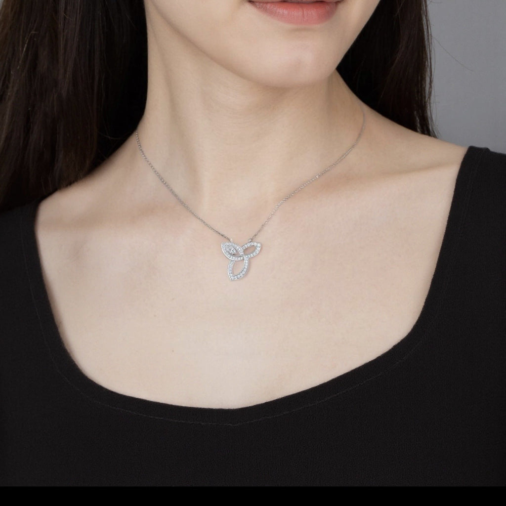 Harry Winston Style Three-Leaf Clover Cubic Zirconia White-Gold-Plated Necklace