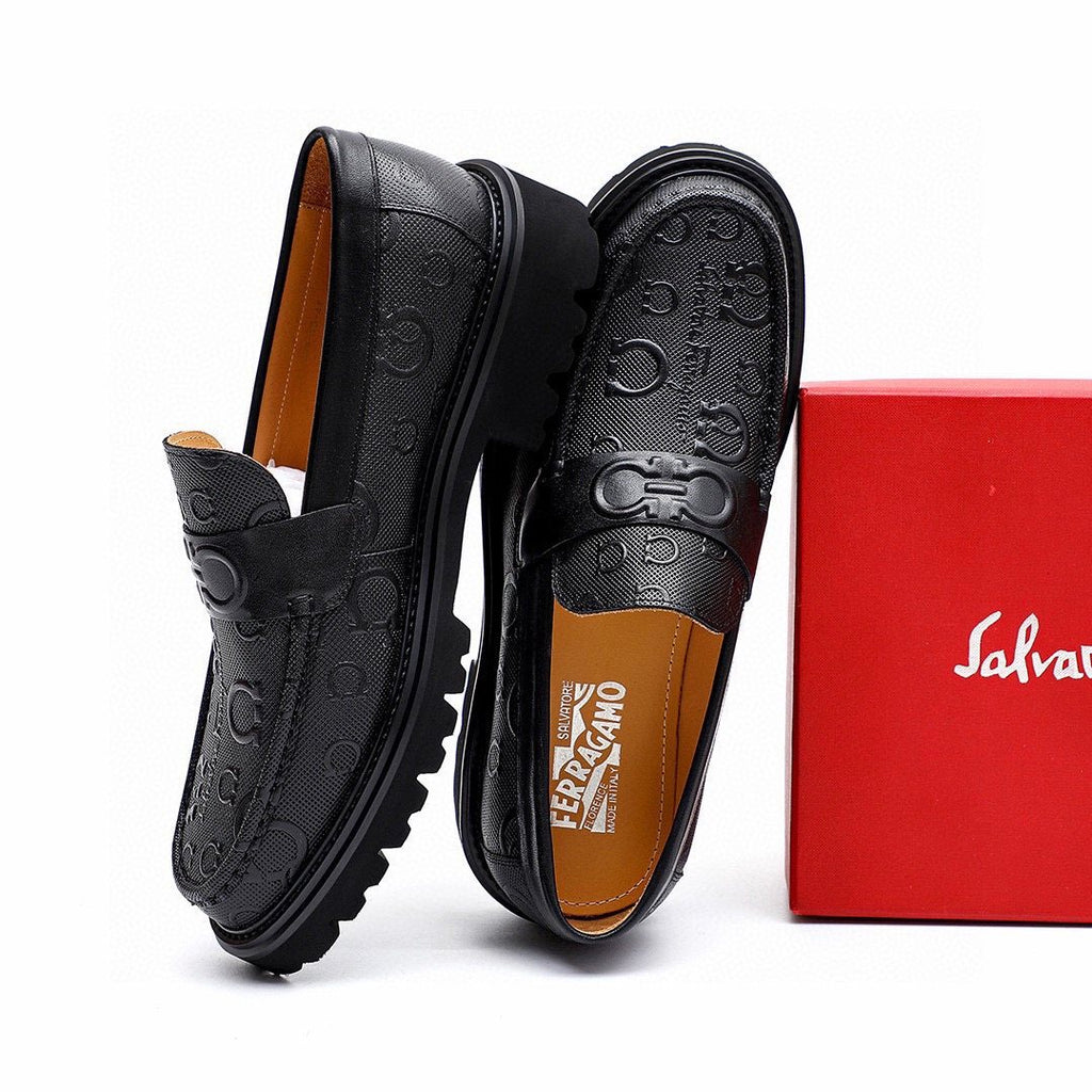 Salvatore Ferragamo Men's Black Embossed Lug Sole Loafers